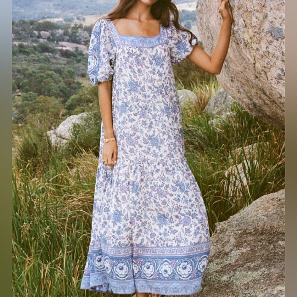 Spell Folk Song Square Neck Dress in Sky